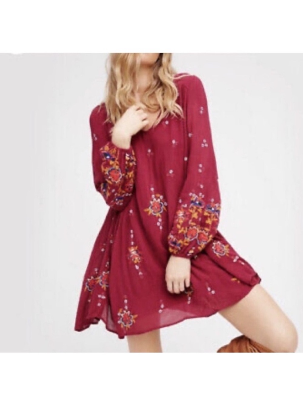 Free People Oxford Embroidered Mini Dress Size Small Berry Plum Boho Balloon